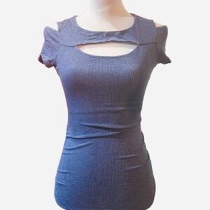 Candie's Women's Size Small Blue Ribbed Cut-Out Cold Shoulder Short Sleeve Top